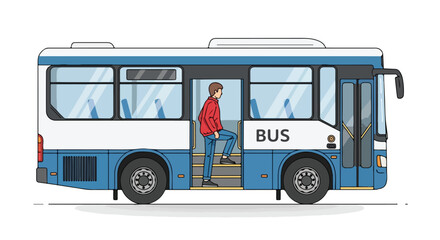 Illustration of a passenger boarding a blue and white city bus for transportation commuting in the city with urban mobility concept