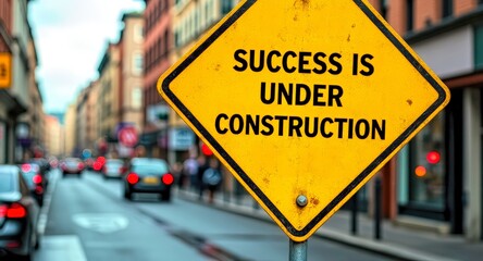 Yellow Sign Saying Success Is Under Construction on City Street