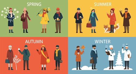 Seasonal representation with people in different attire for spring summer autumn and winter seasons