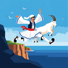 A man in traditional attire joyfully rides a goat near a cliffside overlooking the sea.