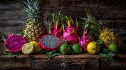 Vibrant Tropical Fruits on Rustic Wood