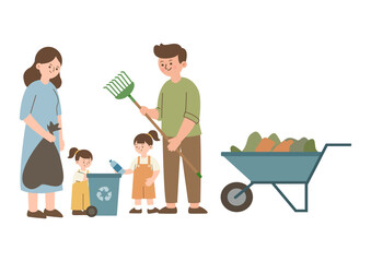 Family Volunteering for a Clean Community, Flat Design Vector on a white Background