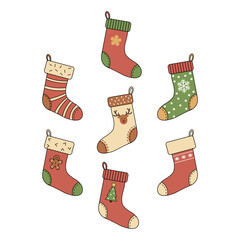 Various Christmas Stockings - Minimal Flat Design, Warm Colors on a White Background, Symbolizing Holiday Traditions