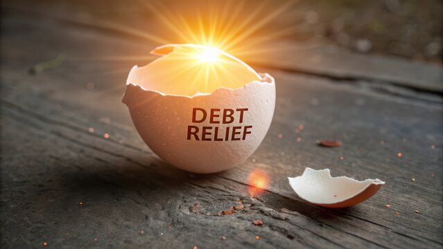 Eggshell with Shattered Pieces Symbolizing Debt Relief Emerging Light Conceptual Image for Financial Freedom and New Beginnings