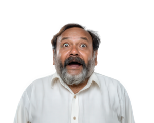 Surprised middle aged Indian man with beard and mustache, wearing white shirt, isolated on transparent background, expressive facial emotion, straight side view