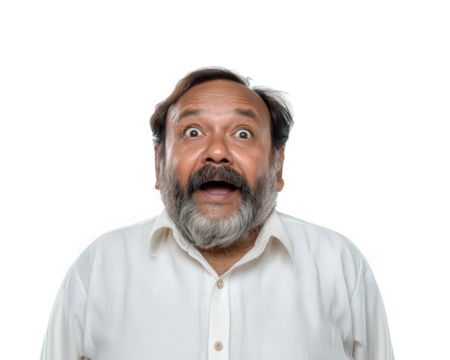 Surprised middle aged Indian man with beard and mustache, wearing white shirt, isolated on transparent background, expressive facial emotion, straight side view