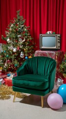 Vintage christmas scene: retro tv, green chair, and decorated tree amid festive balloons
