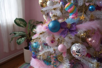 Vibrant pastel christmas tree with colorful ornaments in living room