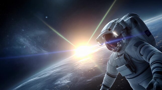 Astronaut floats above sunrise earth, cinematic lens flare and blue horizon serving awe, discovery, and premium sci-tech inspiration.