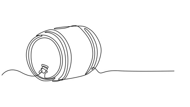 Self drawing line animation wooden oak beer barrel with a tap continuous one single line drawn concept video, Barrel Vector Illustration in Sketch Style, video full 4k, pro vector minimalist concept.