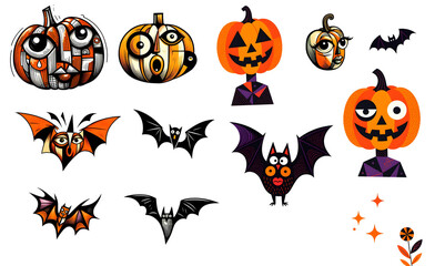 Fototapeta premium Set of transparent Halloween characters, Illustration of funny pumpkins, bats on a transparent background for festival season