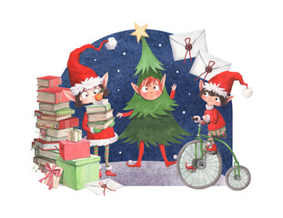 Merry Christmas characters sorting through letters and preparing gifts