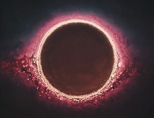 Dark, circular object surrounded by a fiery, glowing aura