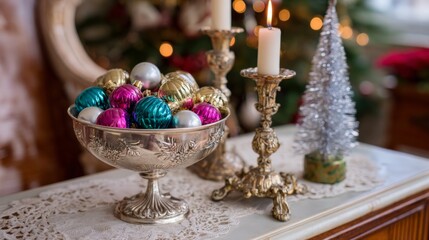 Vintage holiday decor with christmas ornaments and candles in elegant setting