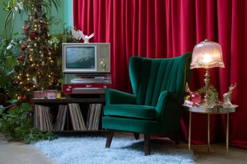 Vintage holiday living room with retro tv and festive decor