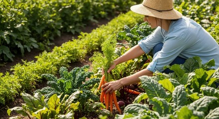 Woman harvesting fresh organic carrots in a sunny vegetable garden. Farmer picking produce on a local farm. Healthy eating and farm-to-table concept