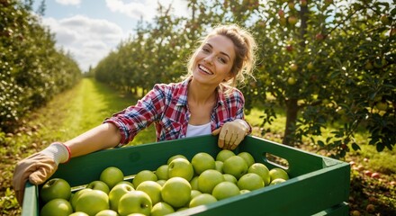 Happy female farmer harvesting green apples in an orchard. Young woman smiling with a crate full of fresh fruit. Agriculture and organic farming concept