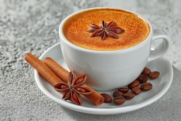 Exquisite porcelain cup filled with aromatic golden spice latte complemented by delicate star anise cinnamon stick and roasted coffee beans creating an inviting culinary atmosphere