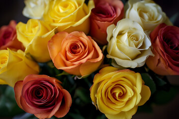 Fototapeta premium a bouquet of roses in various colors, including reds, pinks, yellows, and oranges, is displayed on the background.