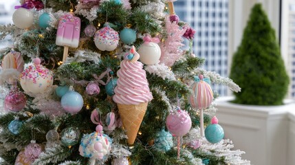 Whimsical christmas tree with candy-themed ornaments and pastel decorations