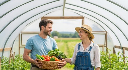 Happy farmer couple holding a basket of fresh organic vegetables in a greenhouse. Man and woman with harvest. Sustainable agriculture and healthy lifestyle concept