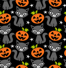 cute Halloween seamless pattern, abstract pumpkin and cat design texture 