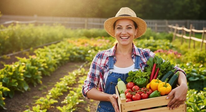Smiling female farmer holding a crate of freshly harvested vegetables in a sunlit garden. Organic farming and healthy food concept - Powered by Adobe