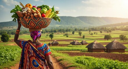African woman carrying a harvest basket on her head in a rural farm landscape. Traditional village life in Africa