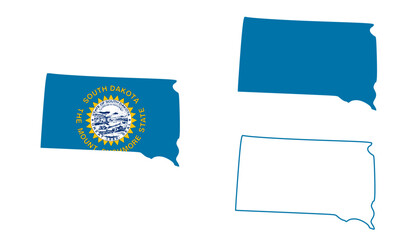 South Dakota map set. South Dakota USA map vector. South Dakota flag map, blue, and outline on white background