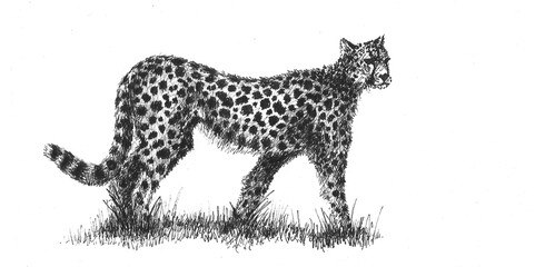 Cheetah drawing, illustration, art, black and white