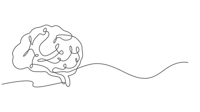 Animation of a single line drawing of a brain. Continuous contour movement of a brain. Continuous video with one line, Self drawing line animation half human brain and love continuous one single line 