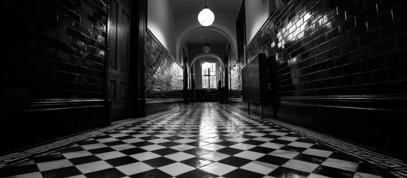 Long black and white hallway, checkerboard floor