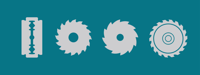 Sharp razor blade and circular saw blade icon set for cutting tools, industrial equipment and hardware concepts