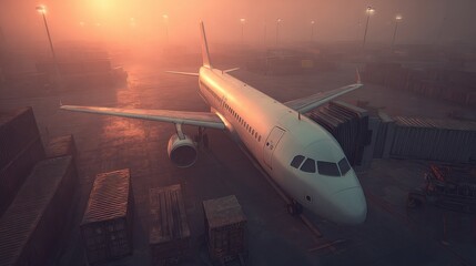 Fototapeta premium Airplane on Tarmac at Sunset in Foggy Conditions at Cargo Terminal