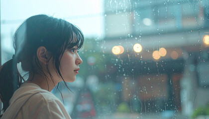窓越しに雨を見つめる女性のポートレート