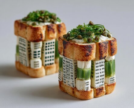 Two cubed gourmet sandwiches, intricately designed with stacked, miniature architectural patterns. Creamy filling and fresh toppings