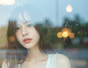 窓越しに雨を見つめる女性のポートレート