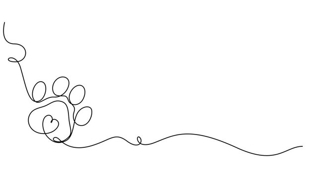 Dog or cat paw footprint and heart continuous one line drawing animation, Video. Dog and cat paw hearts drawn in one continuous line. Dog paw prints in a heart frame in a simple linear style. Concept
