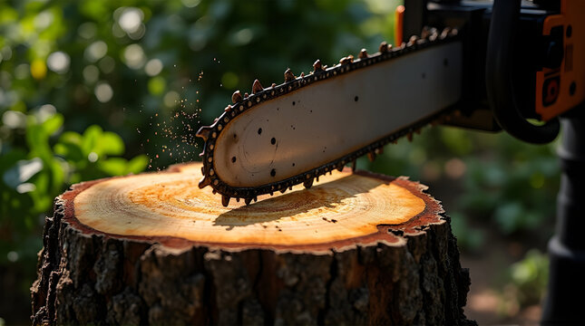 Close up of a sharp chainsaw blade cutting into a freshly sawn tree stump outdoors