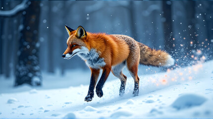 Fototapeta premium Majestic red fox navigates a snow covered forest during a winter storm
