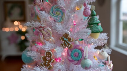 White christmas tree with candy and gingerbread ornaments indoors