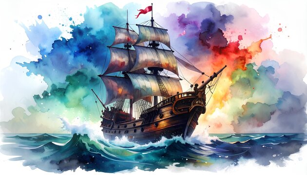 watercolor illustration of pirate ship on white background