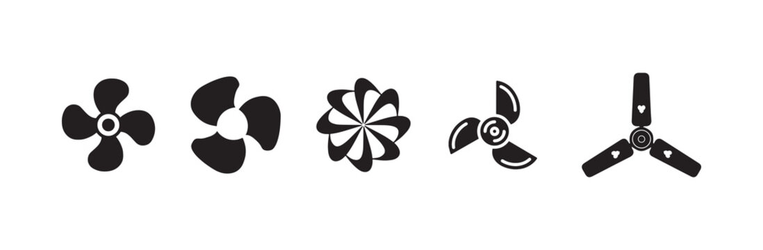 Silhouette fan blade icon collection with propeller shapes for ventilation, cooling and air circulation design