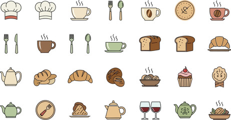 A collection of kitchen and bakery themed icons including food drinks and cooking utensils arranged neatly