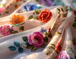 Delicate embroidered fabric with roses