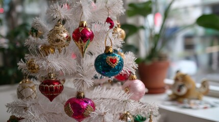 White christmas tree with colorful ornaments and heart design