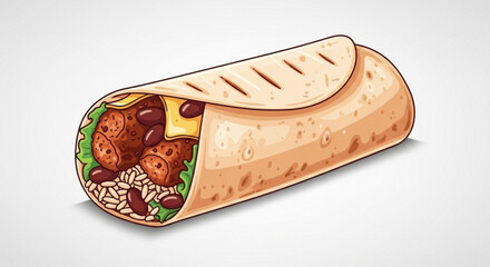 Delicious burrito illustration with meat beans rice cheese and lettuce for mexican food lovers design