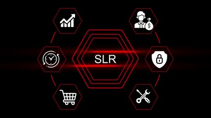 Business growth strategy icons financial security time management shopping cart and tools concept with red hexagonal frame on black background digital animation