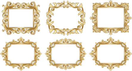 Six golden ornate frames with different shapes and leaf decorations on a white isolated background