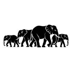 Elegant White Line Art Elephant Family Silhouette on Black Background